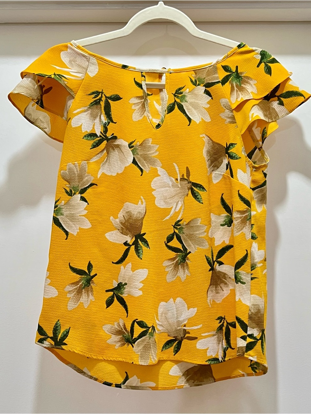 Yellow Floral Flutter-Sleeve Women's Top